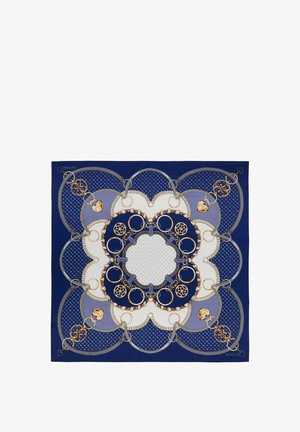 Sciarpa in seta blu navy con motivo floreale, dettagli a catena color oro, maglie rotonde e un'area centrale bianca con un disegno sottile.