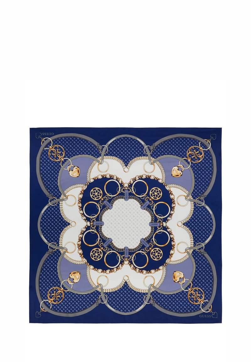 Sciarpa in seta blu navy con motivo floreale, dettagli a catena color oro, maglie rotonde e un'area centrale bianca con un disegno sottile.