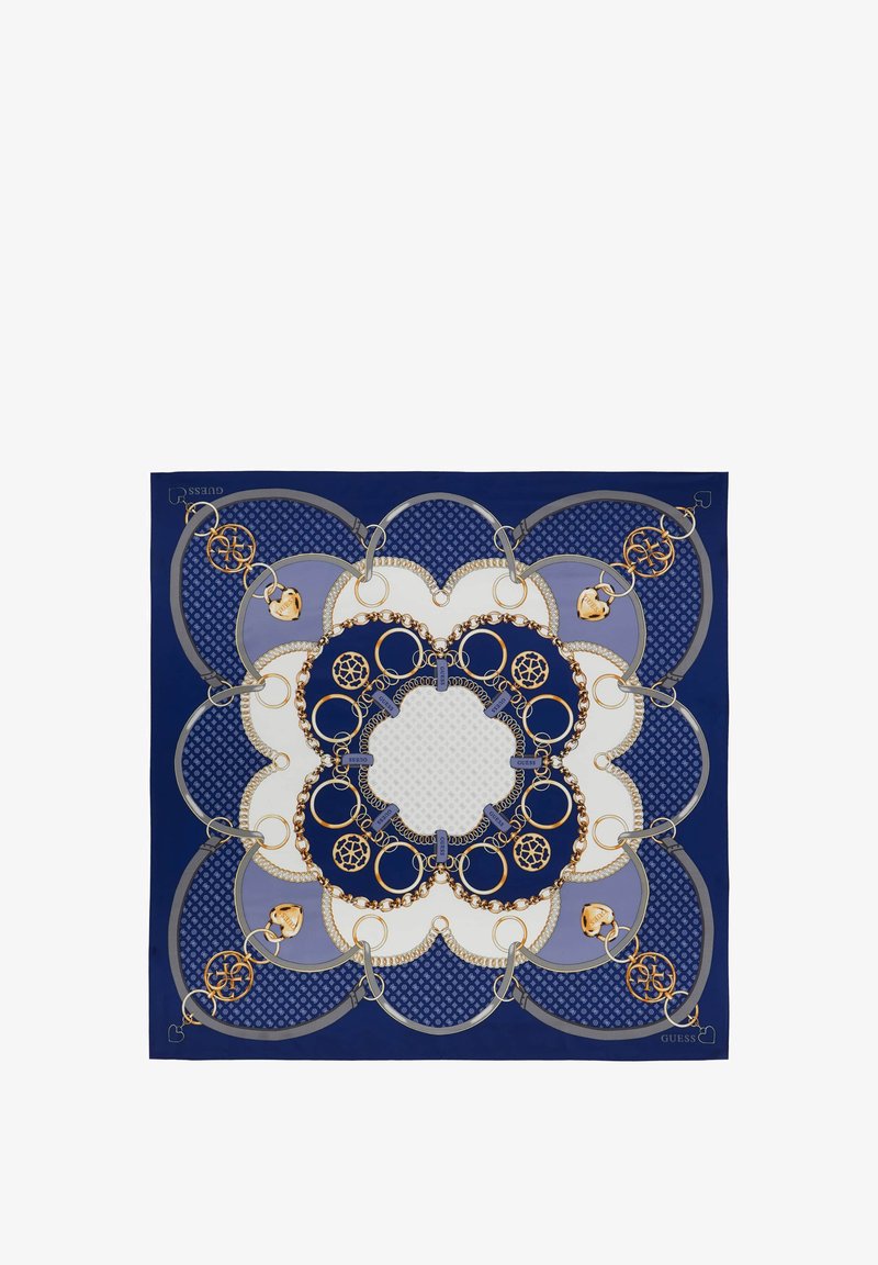 Sciarpa in seta blu navy con motivo floreale, dettagli a catena color oro, maglie rotonde e un'area centrale bianca con un disegno sottile.