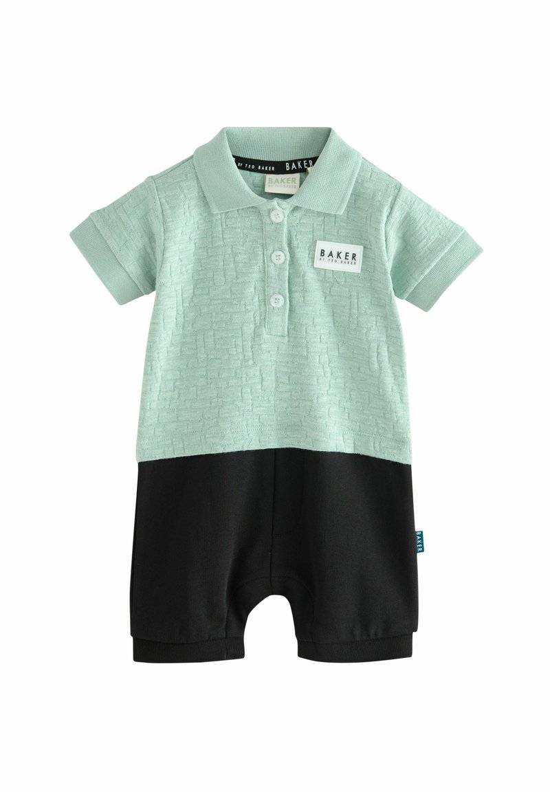 Lys mintgrøn kortærmet romper med struktureret overdel, sorte shorts, tre knapper og et mærke på brystet.