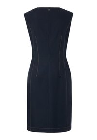 Marineblaues, figurbetontes Kleid mit kurzen Ärmelchen, das kontrastierende orangefarbene Nähte entlang der Nähte und eine Knopfverschluss auf der Rückseite aufweist.