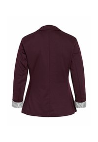 Blazer purpuriu închis cu mâneci lungi și manșete albe, decorat cu dungi verticale negre, prezentat din spate pe un fundal alb.