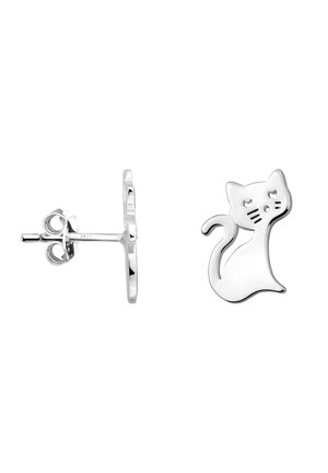 Zilveren studs in de vorm van een zittende kat met gesloten ogen en snorharen, vooraanzicht en zijaanzicht.