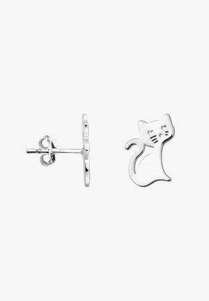 Boucles d'oreilles clous en argent en forme de chat assis aux yeux fermés et moustaches, vues de face et de côté.