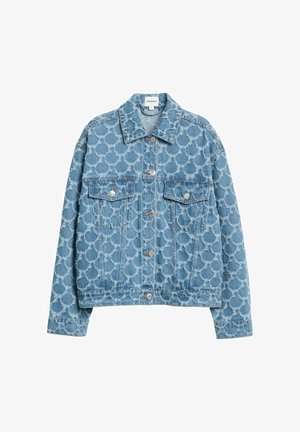 Jeansjacke in Hellblau mit einem kreisförmigen Muster, zwei Brusttaschen mit silbernen Knöpfen und einem klassischen Kragendesign.