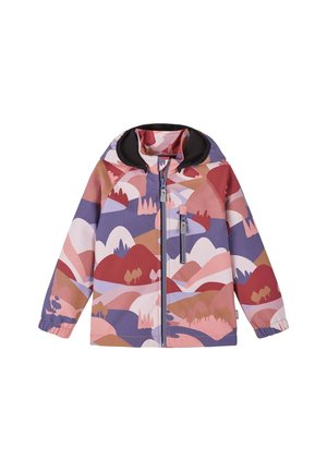 Kinder-Kapuzenjacke mit Frontreißverschluss, Brusttasche und einem bunten abstrakten Landschaftsmuster in den Farbtönen Pink, Lila, Rot und Braun.