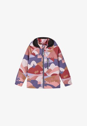 Veste à capuche pour enfant avec fermeture éclair avant, poche poitrine, et motif abstrait coloré représentant un paysage dans des tons de rose, violet, rouge et marron.