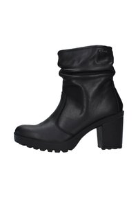 Stivale alla caviglia nero con parte superiore sbiadita, realizzato in pelle liscia. Presenta un tacco spesso e una suola testurizzata per una maggiore aderenza.