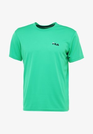 T-shirt de sport vert uni à manches courtes avec col rond et petit logo FILA noir sur le côté supérieur gauche de la poitrine.