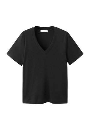 Čierne bavlnené tričko s krátkym rukávom a výstrihom do V, s voľným strihom a hladkým povrchom. Jednoduchý dizajn bez ďalších vzorov alebo ozdôb.