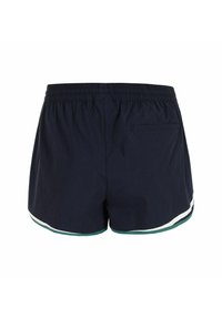 Shorts da bagno blu navy con cintura elastica, caratterizzati da strisce bianche e verdi lungo l'orlo e una tasca posteriore per riporre gli oggetti.