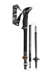 Adjustable black carbon trekking pole with a rubber grip, orange accents, and a twist-lock mechanism. Features a removable tip for varied terrain.