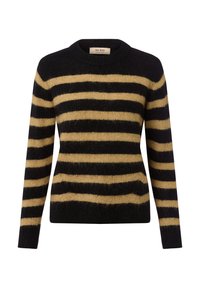 Zwarte en beige fuzzy gebreide trui met horizontale strepen, een ronde hals, lange mouwen en een aansluitende taille.