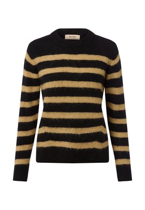Schwarzer und beiger flauschiger Strickpullover mit horizontalen Streifen, einem Rundhalsausschnitt, langen Ärmeln und einer taillierten Passform.