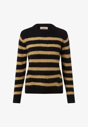 Pull en tricot noir et beige en peluche avec des rayures horizontales, un col rond, des manches longues et une taille cintrée.
