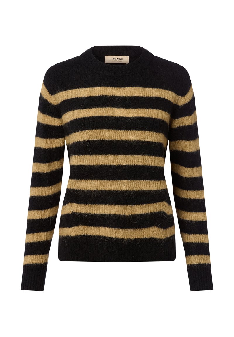 Zwarte en beige fuzzy gebreide trui met horizontale strepen, een ronde hals, lange mouwen en een aansluitende taille.