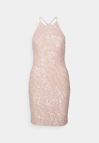 Vestido rosa sem mangas com uma silhueta ajustada, coberto de lantejoulas com um padrão ondulado, apresentando alças finas e uma textura suave.