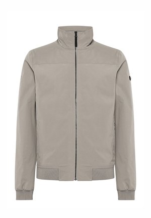 Hellgraue Bomberjacke mit hohem Kragen, vorderem Reißverschluss, gerippten Bündchen und Saum; glatter Stoff mit minimalen Details.