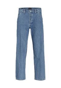 Vaqueros de denim azul con un diseño de pierna recta, cintura alta, cinco bolsillos y detalles de costura. El material presenta un acabado texturizado clásico.