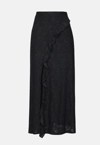 Zwarte maxi rok met een gelaagde volants en een zijsplit, voorzien van een subtiel bloempatroon en een lichte, gestructureerde stof.