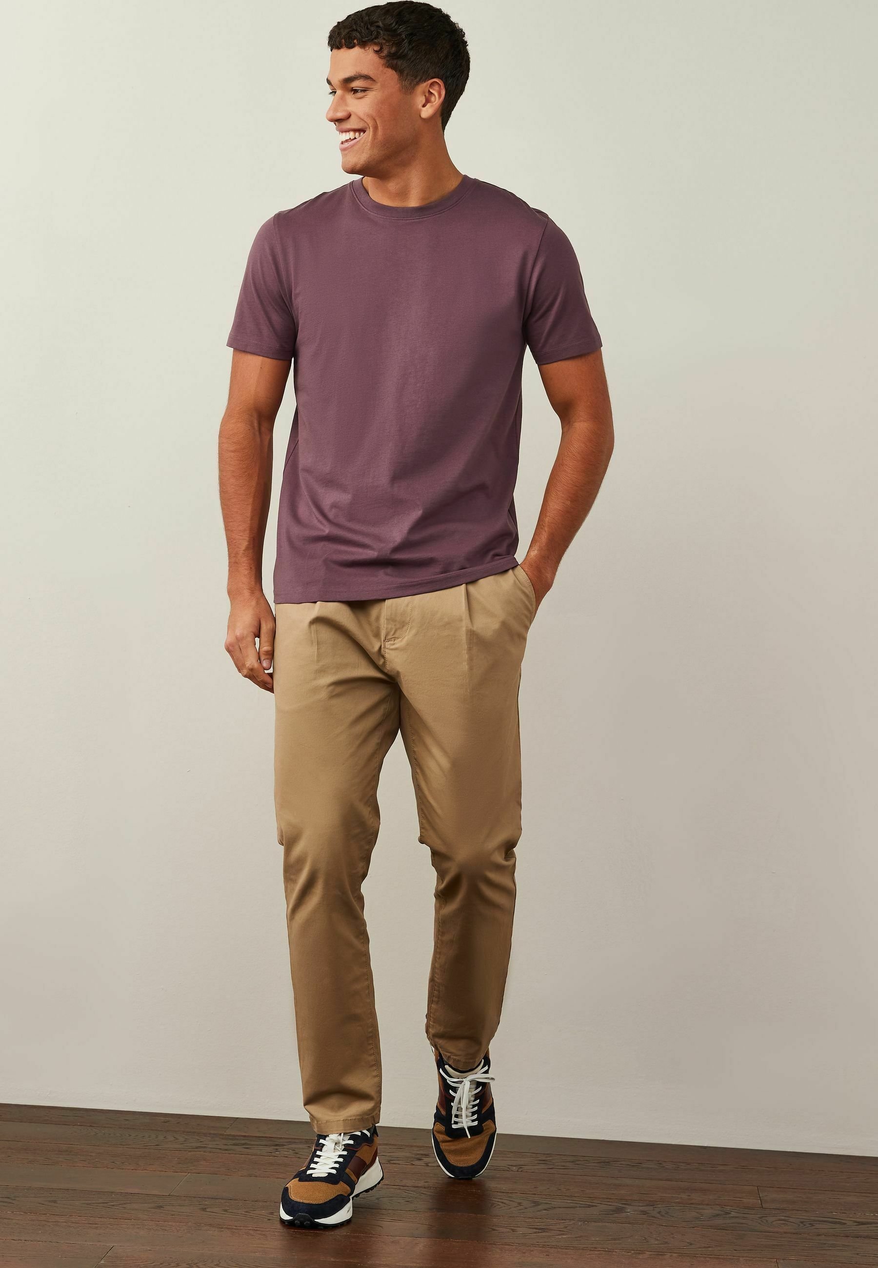 khaki pants burgundy shirt