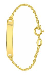 Gouden armband met een platte, langwerpige centrale plaat. Heeft een gedraaid ontwerp en een veilige karabijnsluiting. Glanzende afwerking.