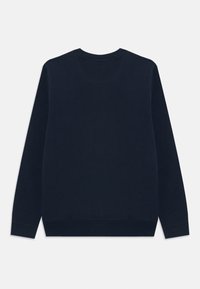 Mørkeblå sweatshirt med lange ermer, rund halsudskæring, ribbede manchetter og kant, lavet af et blødt stof med en glat tekstur.