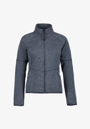Chaqueta de forro polar gris oscuro con cremallera completa, cuello alto, mangas largas y dos bolsillos laterales con cremallera, mostrada sobre un fondo blanco.