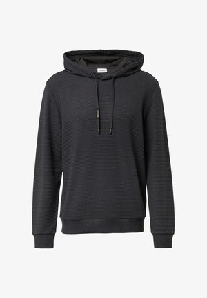 Temno siva kapuca iz teksturirane tkanine, s kapuco na vrvico, rebrastimi manšetami in obrobom, v sproščenem kroju in minimalističnimi oblikovalskimi elementi.