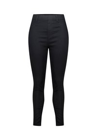 Zwarte hoge taille skinny broek met riemlussen en voorzakken, gepresenteerd tegen een witte achtergrond.