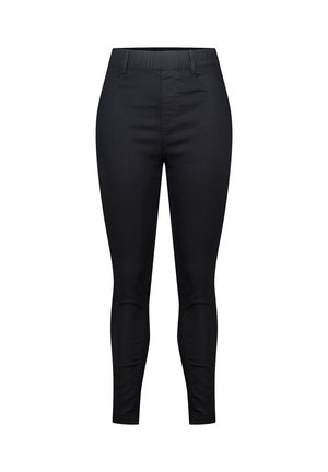 Zwarte hoge taille skinny broek met riemlussen en voorzakken, gepresenteerd tegen een witte achtergrond.