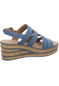Sandale compensée en cuir bleu avec plusieurs brides croisées, semelle intermédiaire à texture ressemblant au liège, et un détail tressé sur la bride de cheville.
