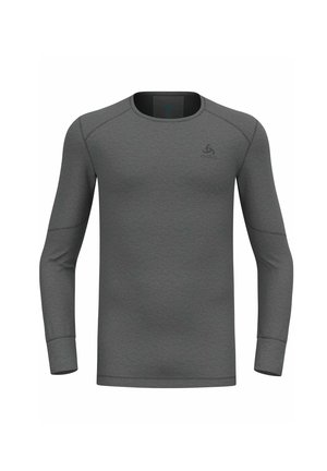 Graues Langarm-Shirt aus weichem Material, mit flachen Nähten, Rundhalsausschnitt und einem dezenten Logo auf der Brust.