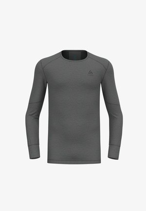 Graues Langarm-Shirt aus weichem Material, mit flachen Nähten, Rundhalsausschnitt und einem dezenten Logo auf der Brust.