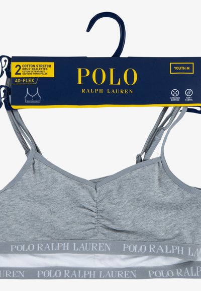 Siva bombažna bralette s nastavljivimi sivimi naramnicami, s belim podlogom in blagovno označeno elastiko z napisom "POLO RALPH LAUREN".