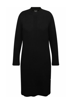 Robe en tricot noire avec un col et des poignets côtelés, coupe midi, et des détails côtelés verticaux à l'avant. Logo subtil au bas.