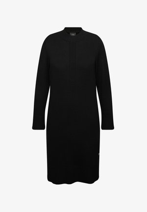 Czarna dzianinowa sukienka z prążkowanym dekoltem i mankietami, długości do kolan, z pionowym prążkowanym detalem z przodu. Dyskretne logo u dołu.
