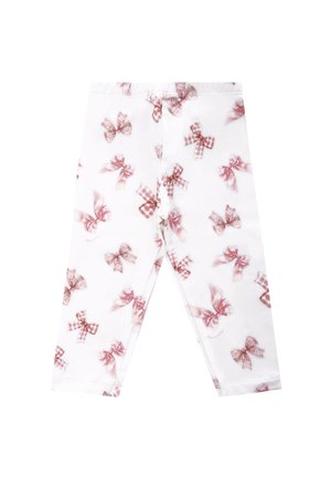 Leggings blancs avec un motif de nœuds roses dispersés, y compris des motifs unis et à carreaux. Tissu doux et extensible ; taille élastique.