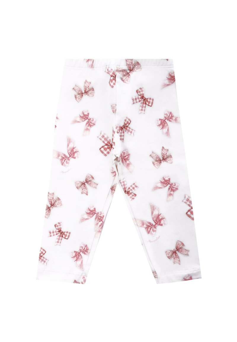 Witte leggings met een ontwerp van verspreide roze strikjes, inclusief effen en geruite patronen. Zachte, rekbare stof; elastische tailleband.