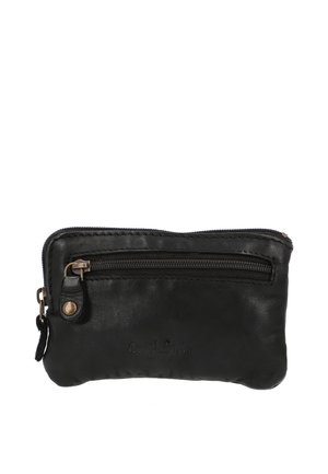 Zwart leren etui met rits, voorzien van één hoofdvak en één kleiner voorvak met rits, met messing ritstrekkers en een subtiel reliëf van het merklogo.