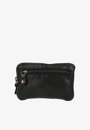 Zwart leren etui met rits, voorzien van één hoofdvak en één kleiner voorvak met rits, met messing ritstrekkers en een subtiel reliëf van het merklogo.