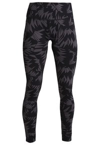 Mustat korkea vyötärö leggingsit, joissa on tummanharmaita abstrakteja geometrisia lehtikuvioita, tiukat täysipituiset.