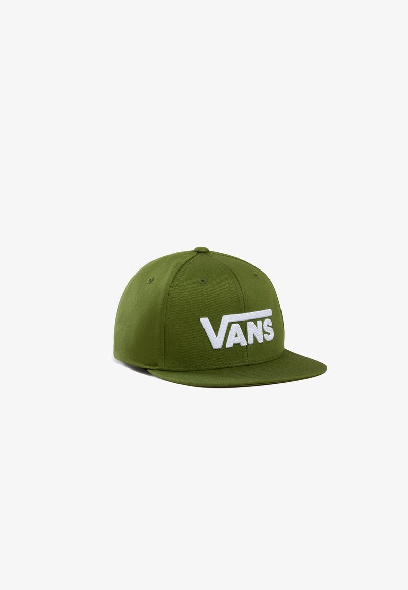 Gorra snapback verde hecha de algodón, con ala plana y logo blanco de "VANS" en el frente. Textura suave y diseño estructurado.