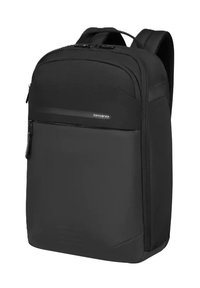 Zaino Samsonite nero con texture liscia, spallacci imbottiti e tasca anteriore con zip. Caratterizzato da un design elegante e minimalista.