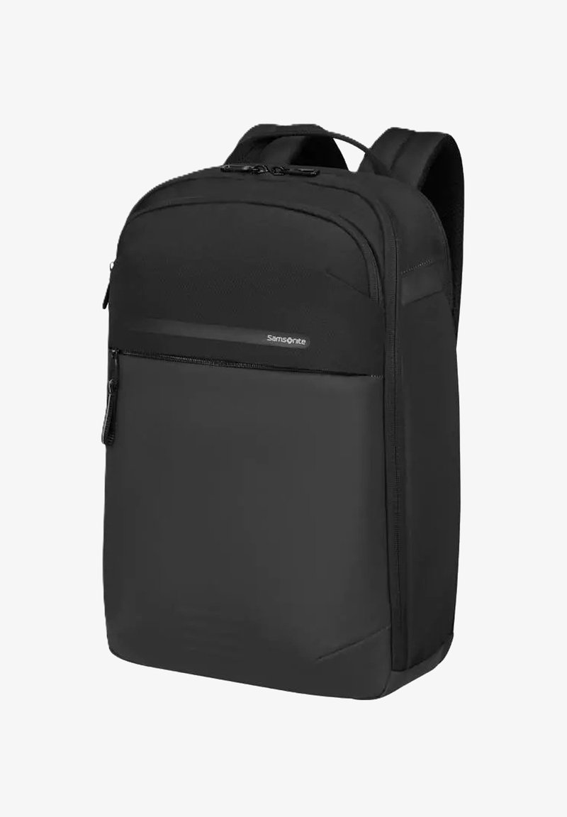 Schwarzer Samsonite-Rucksack mit glatter Textur, gepolsterten Schultergurten und einer vorderen Reißverschlusstasche. Verfügt über ein elegantes, minimalistisches Design.