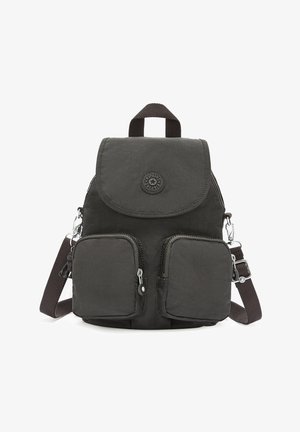 Black backpack made of durable fabric, featuring a rounded flap, logo detail, two front zip pockets, and adjustable shoulder straps.