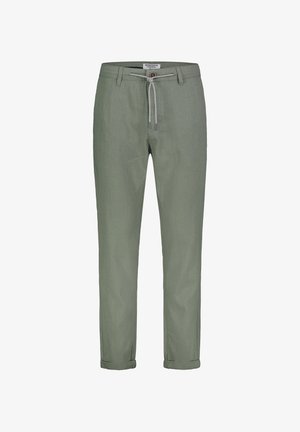 Light green linen pants with rolled hems, adjustable drawstring waistband, and no visible pockets or patterns. Smooth, textured fabric.