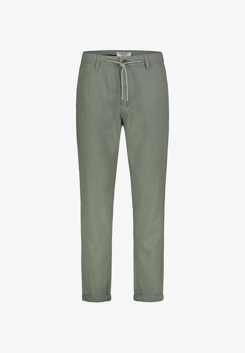 Light green linen pants with rolled hems, adjustable drawstring waistband, and no visible pockets or patterns. Smooth, textured fabric.