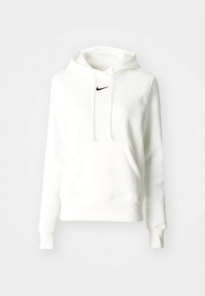 White hooded sweatshirt featuring a front pocket, ribbed cuffs, and a small black Nike logo on the chest. Soft cotton blend material.