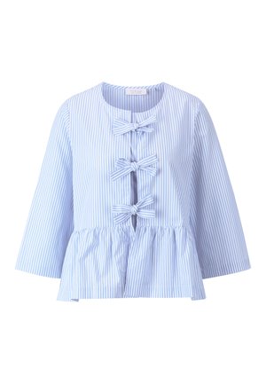 Blue and white striped blouse featuring a peplum hem, three bow accents down the front, and three-quarter length sleeves.